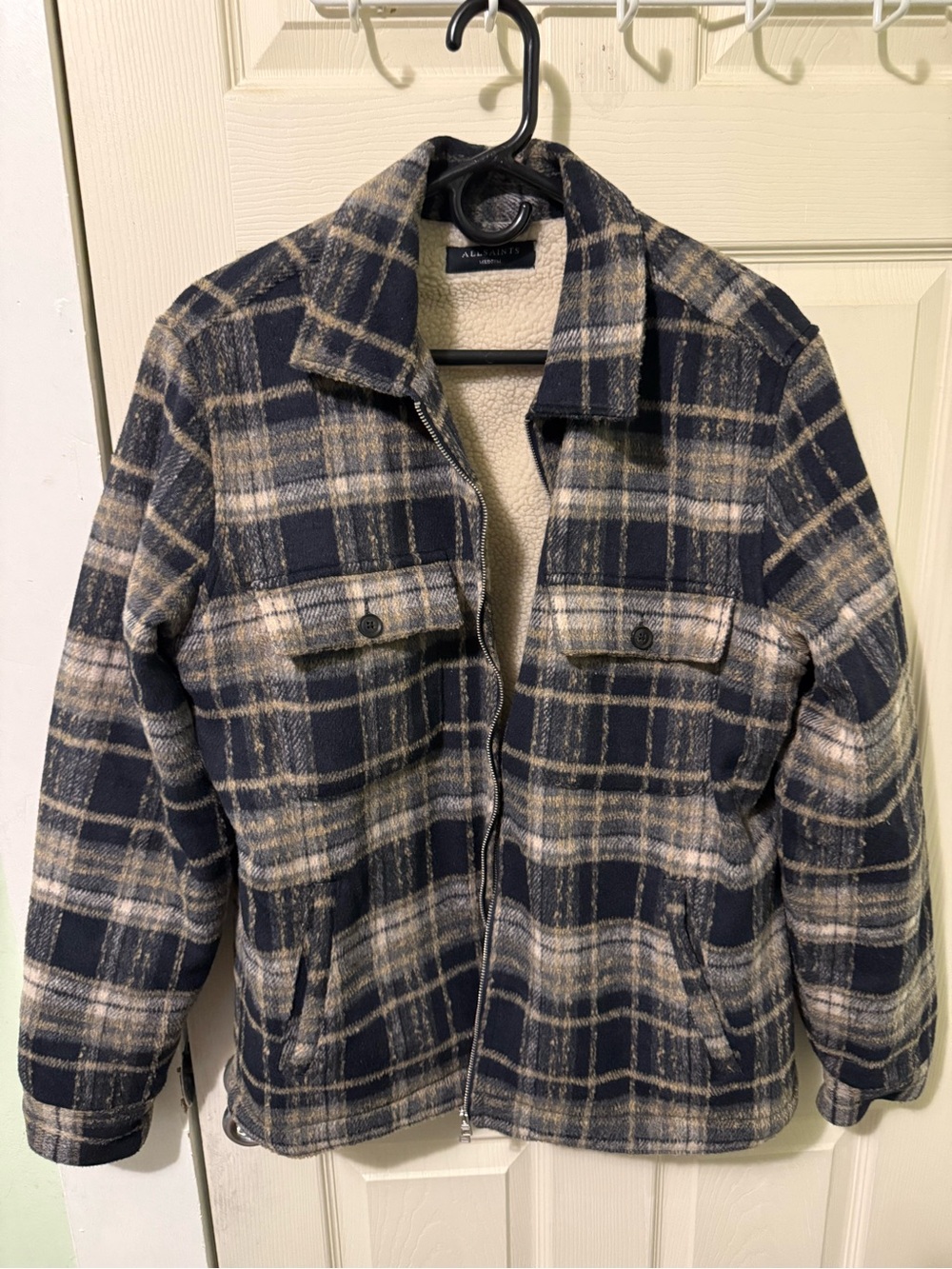 All Saints Crosby Plaid Zip-Front Shearling Sherpa Jacket
